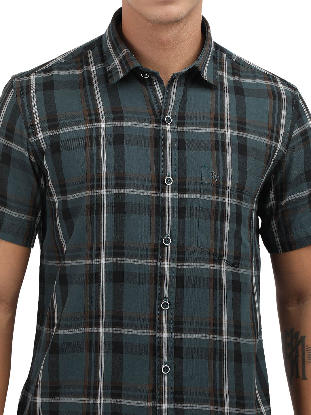Model wearing Clarke Gable's Teal Blue Checked Semi Casual Shirt in a casual setting