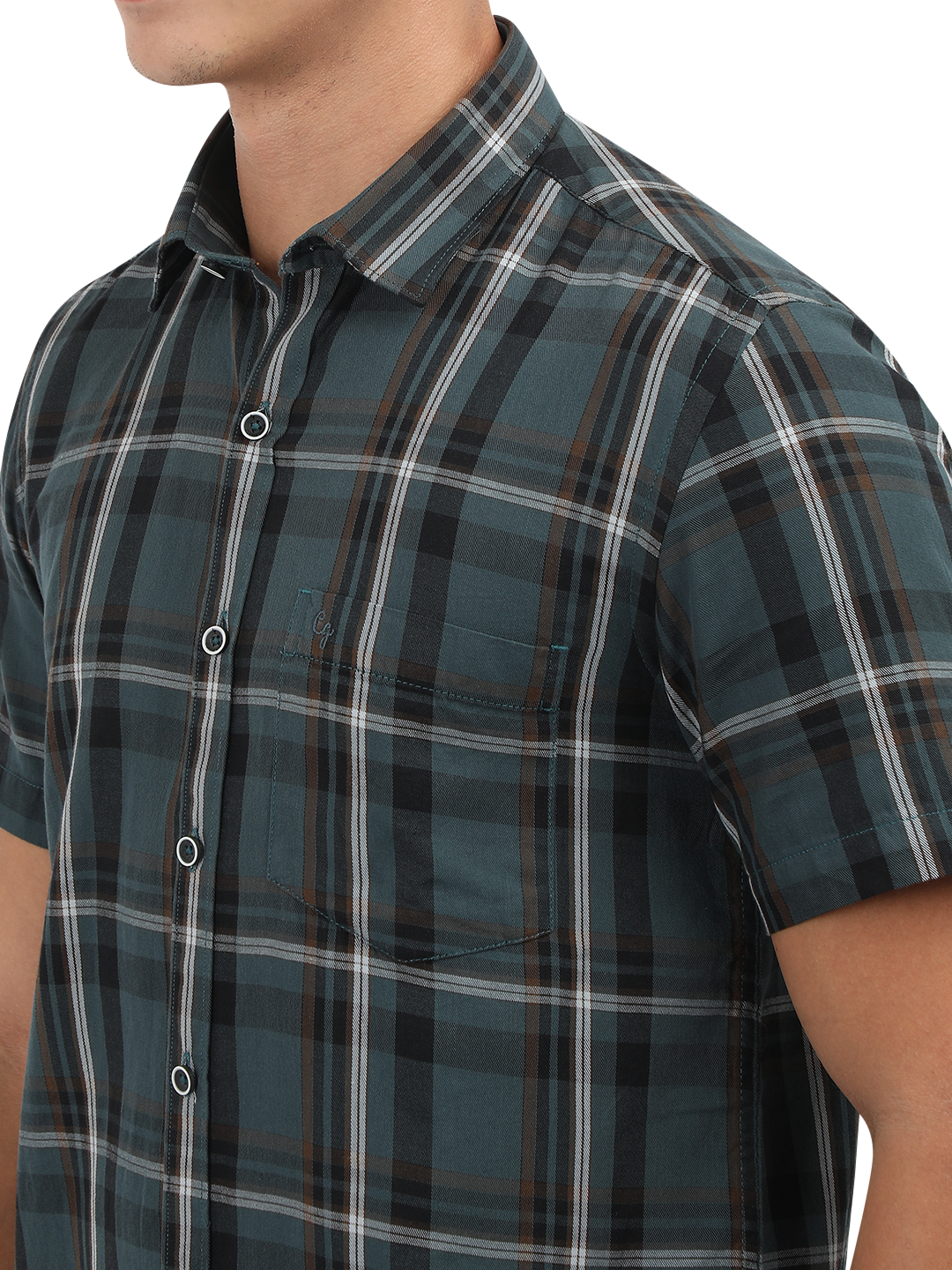 Model wearing Clarke Gable's Teal Blue Checked Semi Casual Shirt in a casual setting