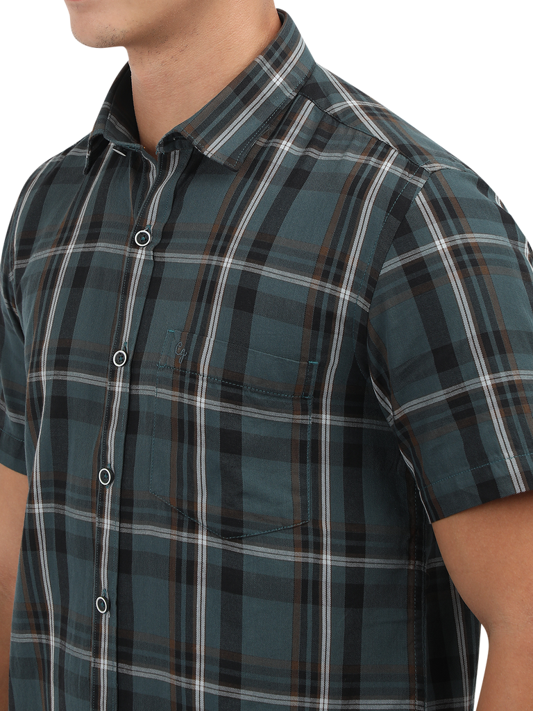 Model wearing Clarke Gable's Teal Blue Checked Semi Casual Shirt in a casual setting