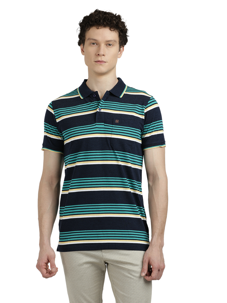 Model wearing Clarke Gable's Teal Blue with Navy Blue Striped Polo Collar T-Shirt in a casual setting