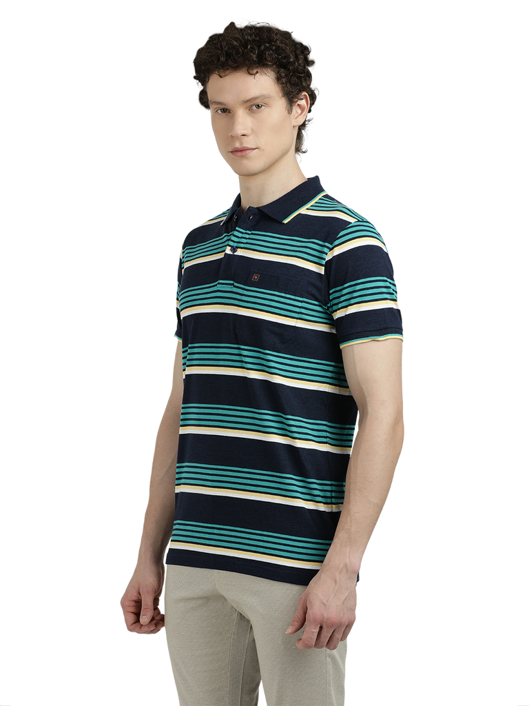 Model wearing Clarke Gable's Teal Blue with Navy Blue Striped Polo Collar T-Shirt in a casual setting