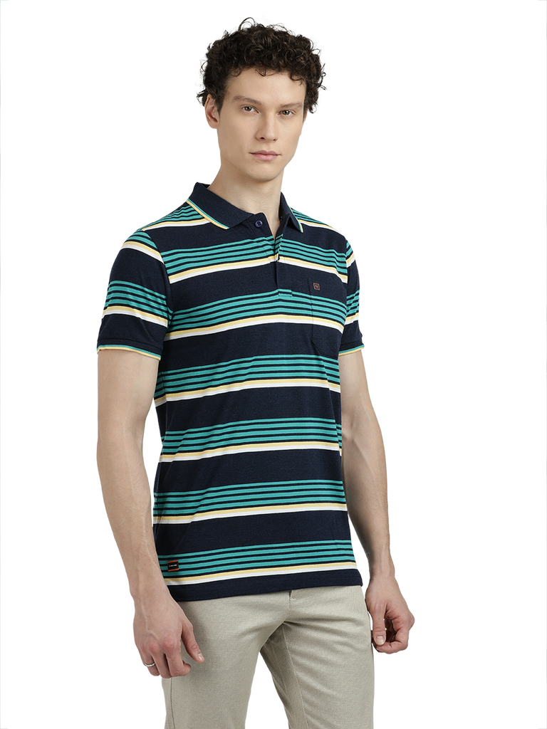 Model wearing Clarke Gable's Teal Blue with Navy Blue Striped Polo Collar T-Shirt in a casual setting