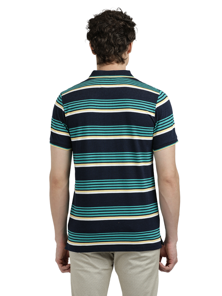 Model wearing Clarke Gable's Teal Blue with Navy Blue Striped Polo Collar T-Shirt in a casual setting
