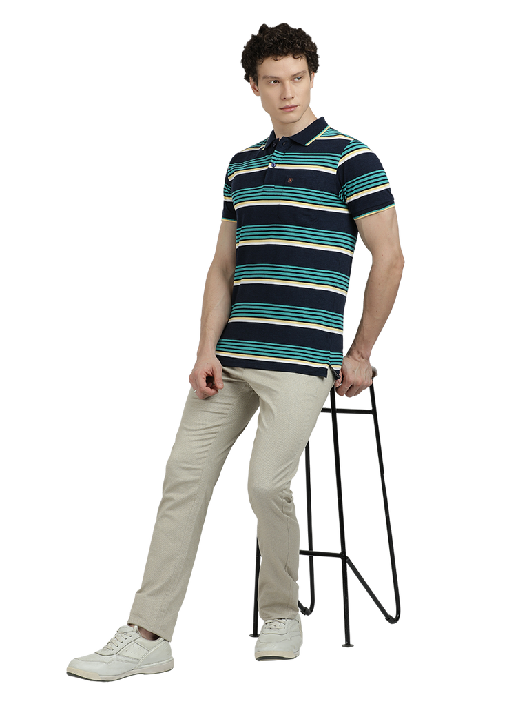 Model wearing Clarke Gable's Teal Blue with Navy Blue Striped Polo Collar T-Shirt in a casual setting