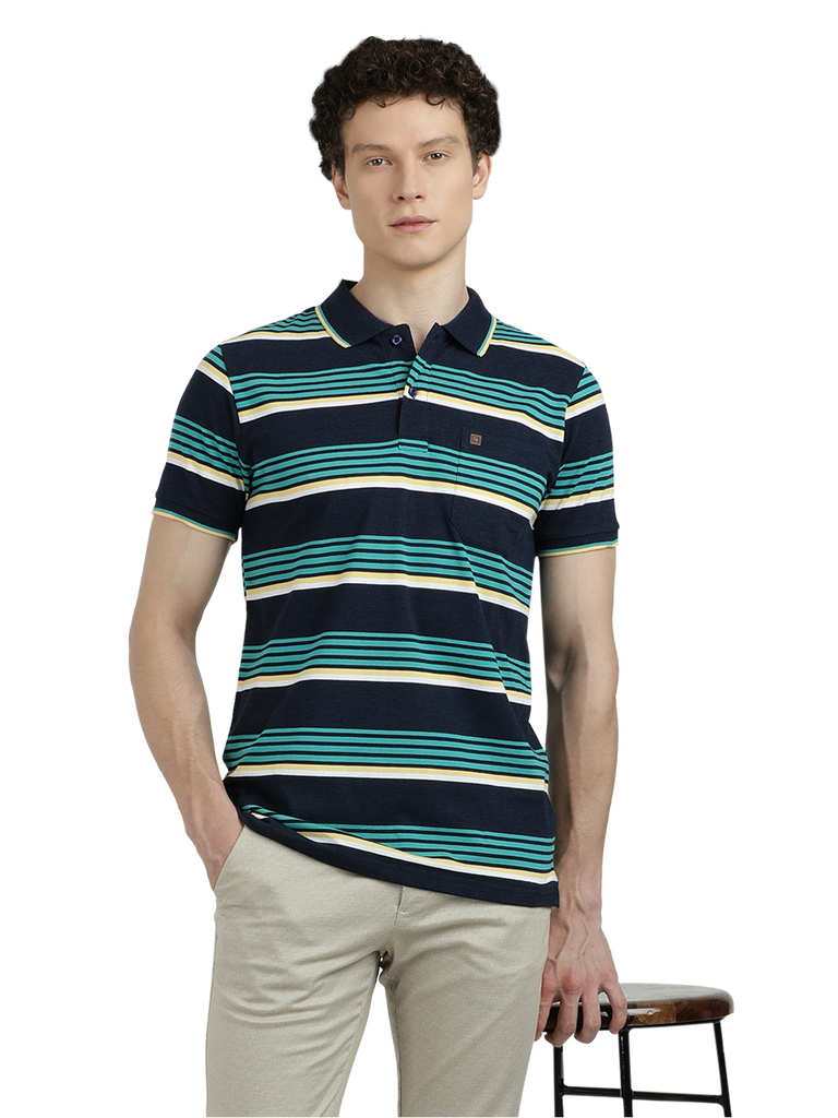 Model wearing Clarke Gable's Teal Blue with Navy Blue Striped Polo Collar T-Shirt in a casual setting