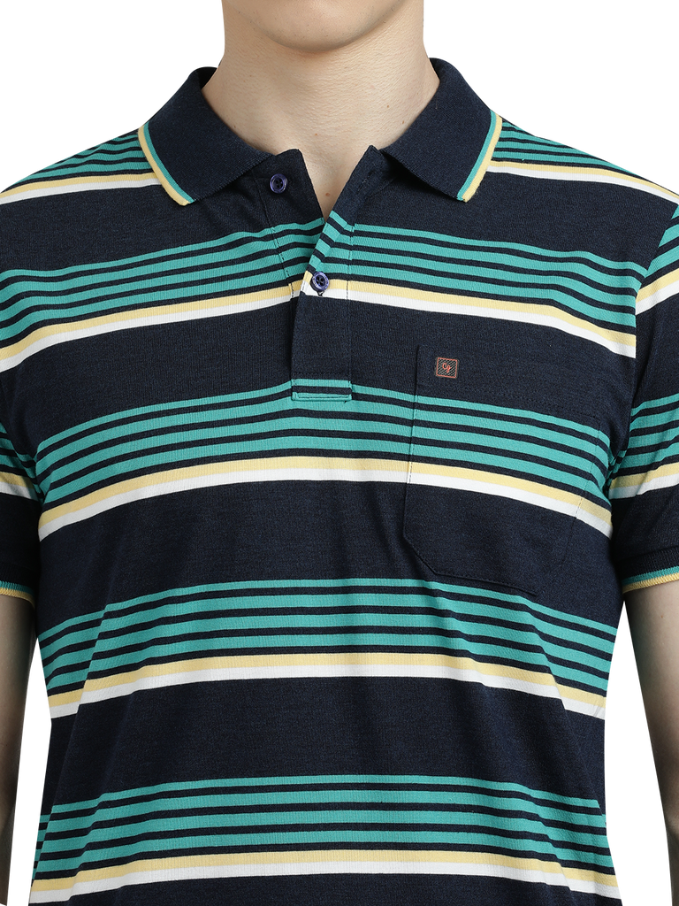 Model wearing Clarke Gable's Teal Blue with Navy Blue Striped Polo Collar T-Shirt in a casual setting