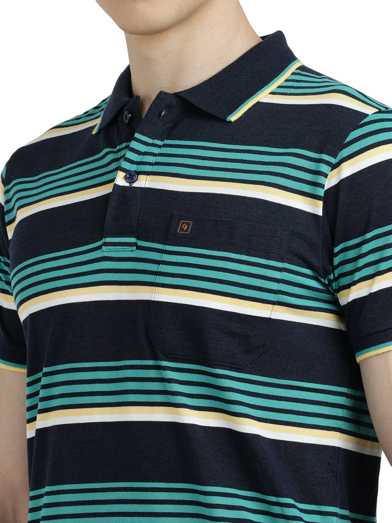 Model wearing Clarke Gable's Teal Blue with Navy Blue Striped Polo Collar T-Shirt in a casual setting