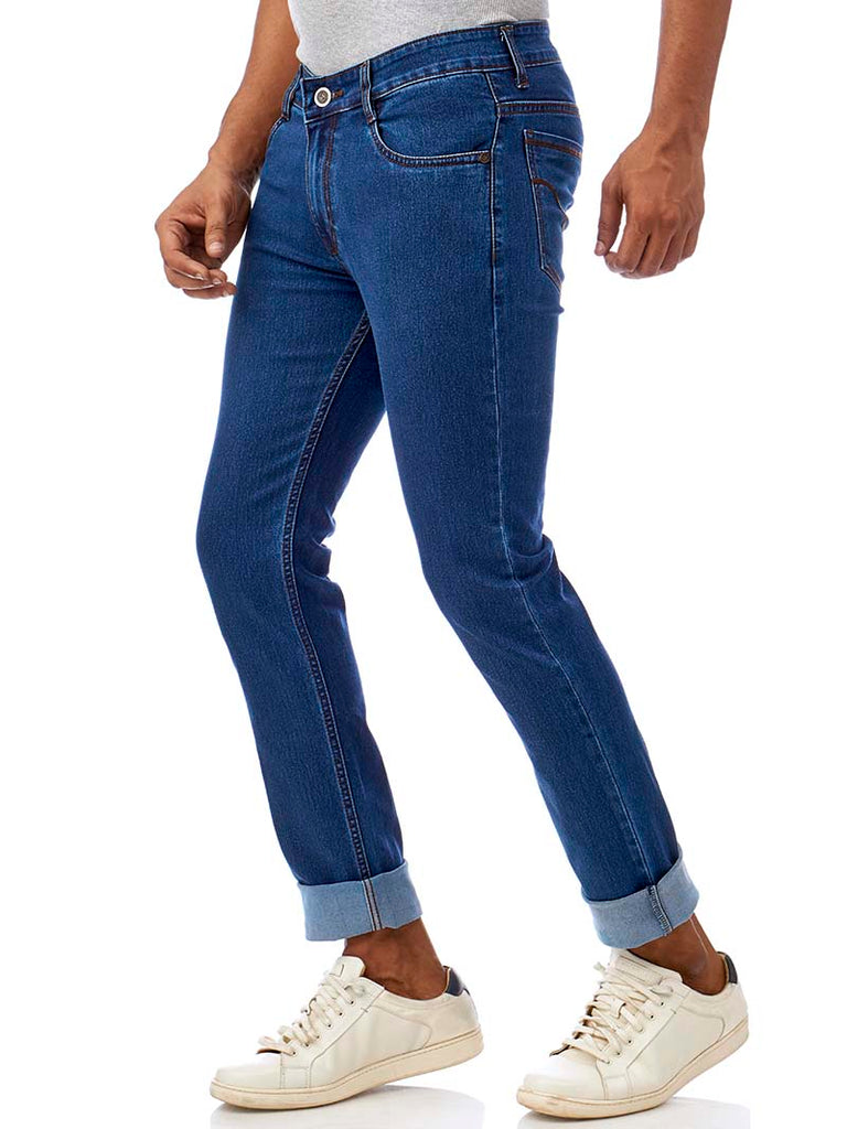 Model dressed in Clarke Gable's Blue Slim Fit Jeans in a casual setting