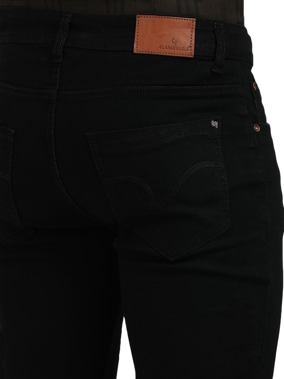 Model wearing Clarke Gable's Ultra Black Slim Fit Jeans in a casual setting