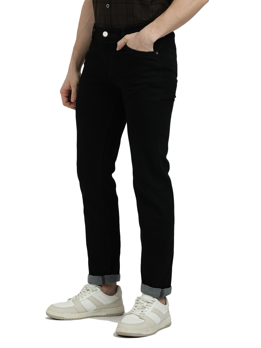 Model wearing Clarke Gable's Ultra Black Slim Fit Jeans in a casual setting