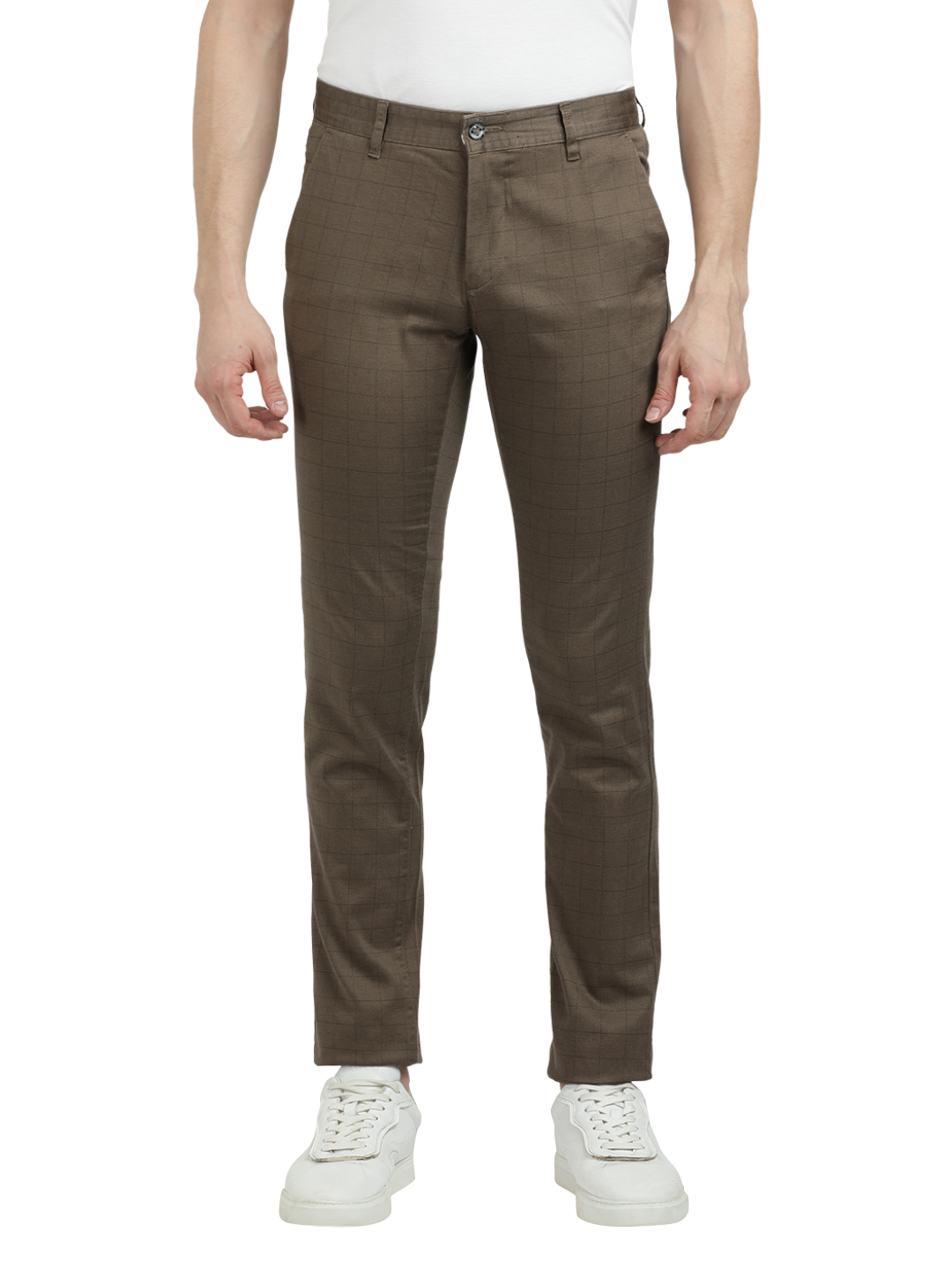 Model wearing Clarke Gable's Warm Grey Trim Fit Trousers in a casual setting