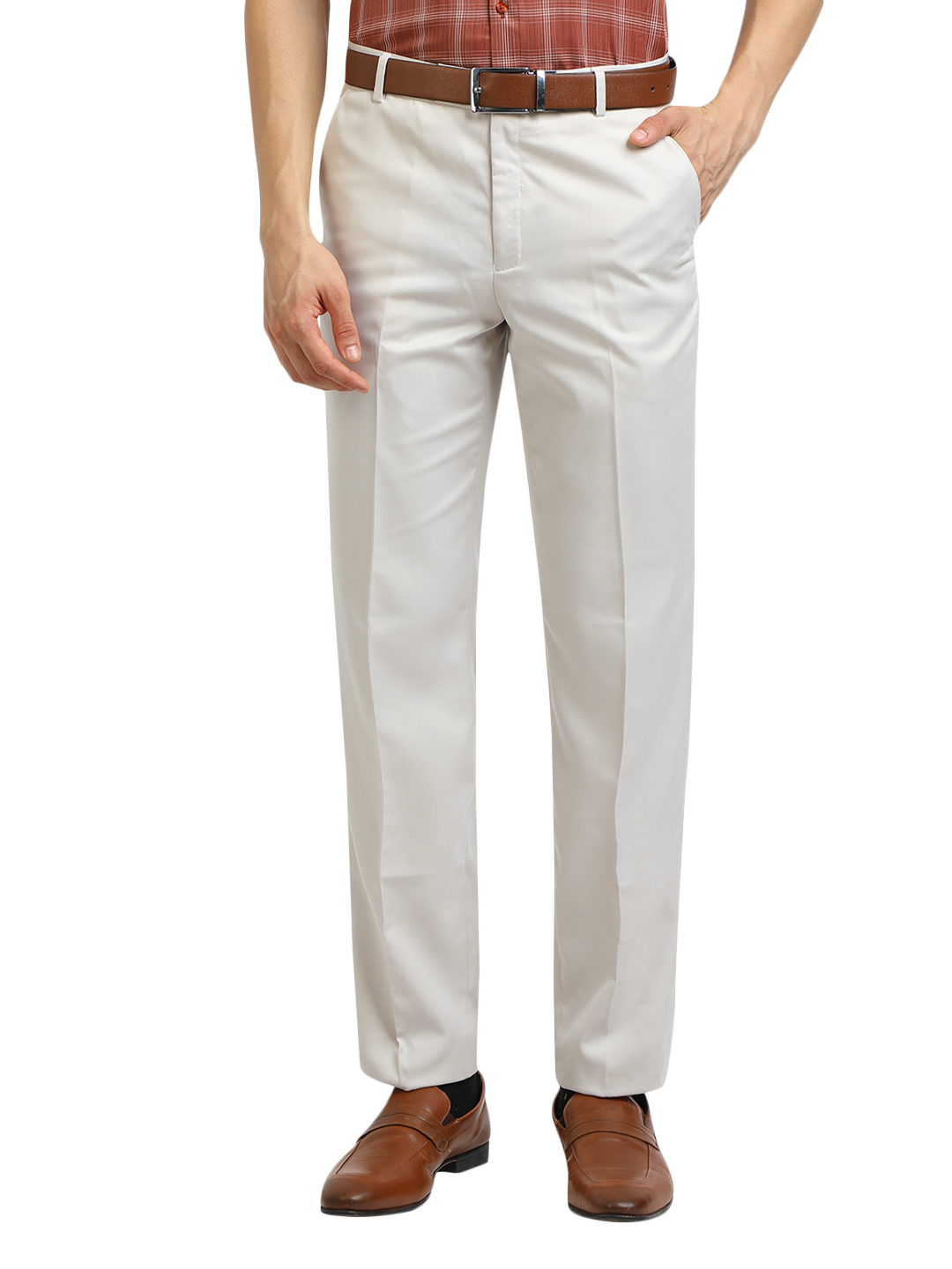 Model wearing Clarke Gable's White Sharp Fit Trousers in a casual setting