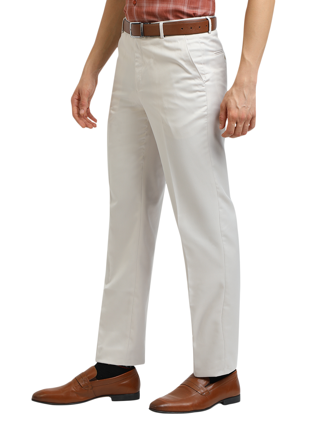 Model wearing Clarke Gable's White Sharp Fit Trousers in a casual setting