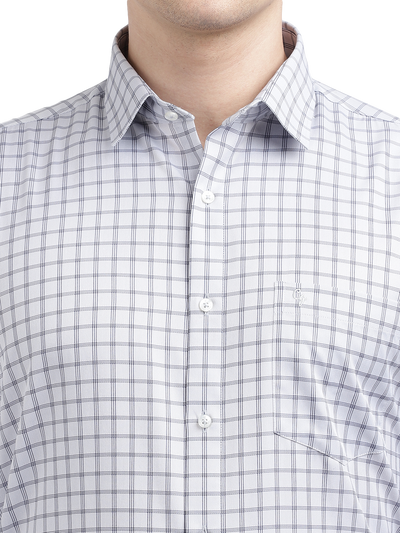 Model wearing Clarke Gable's White Checked Formal Shirt in a casual setting