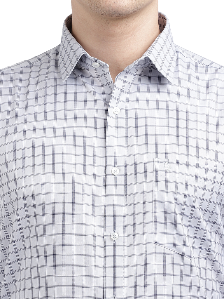 Model wearing Clarke Gable's White Checked Formal Shirt in a casual setting