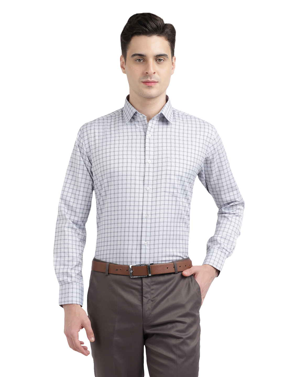 Model wearing Clarke Gable's White Checked Formal Shirt in a casual setting