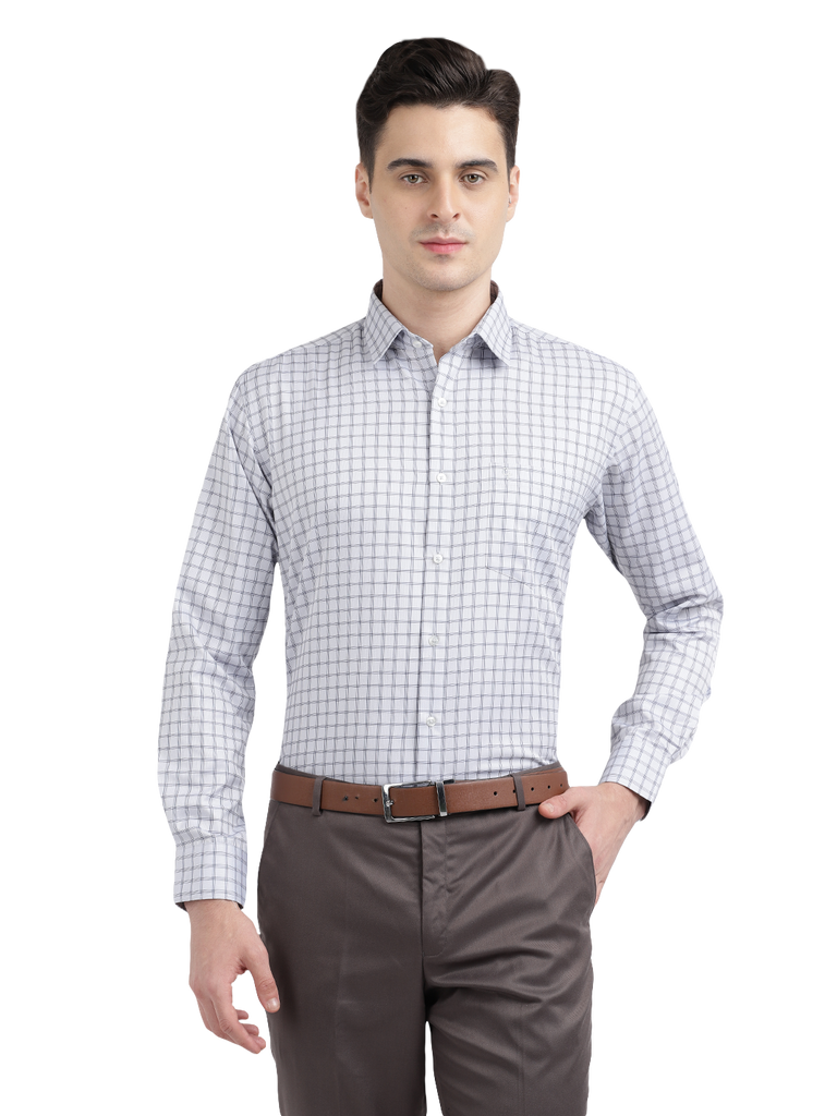 Model wearing Clarke Gable's White Checked Formal Shirt in a casual setting