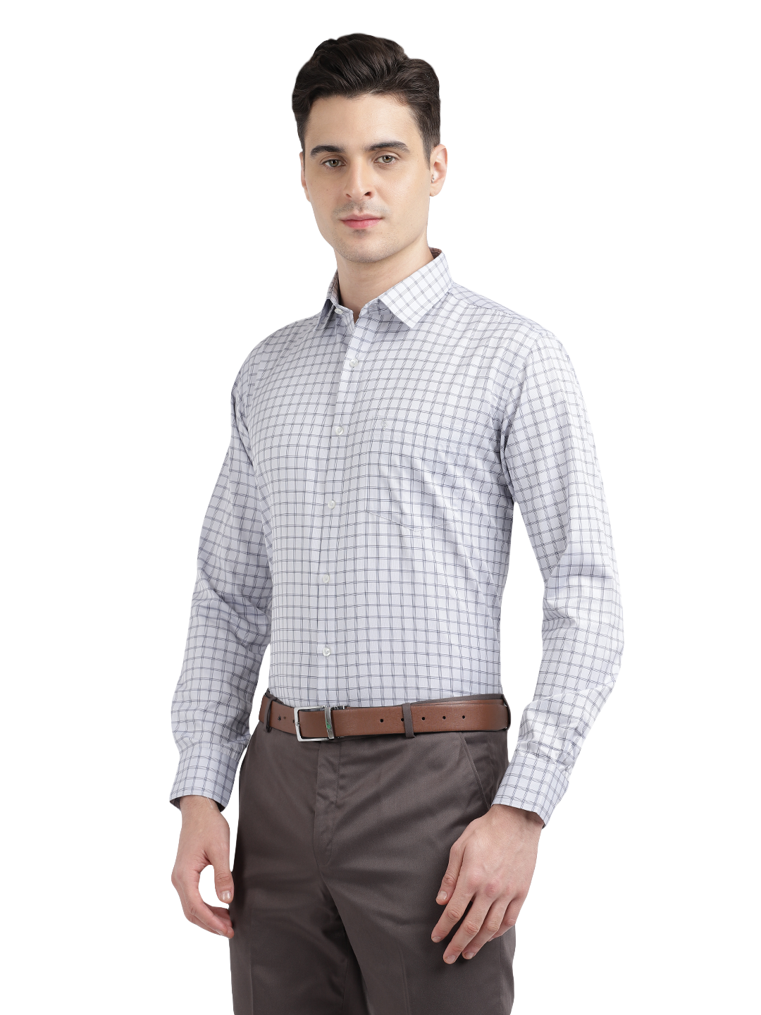 Model wearing Clarke Gable's White Checked Formal Shirt in a casual setting