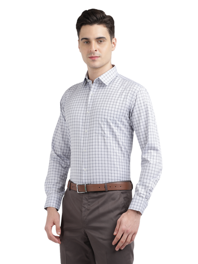 Model wearing Clarke Gable's White Checked Formal Shirt in a casual setting