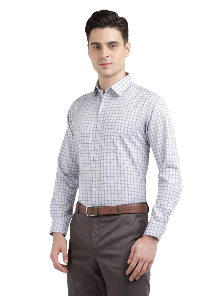 Model wearing Clarke Gable's White Checked Formal Shirt in a casual setting