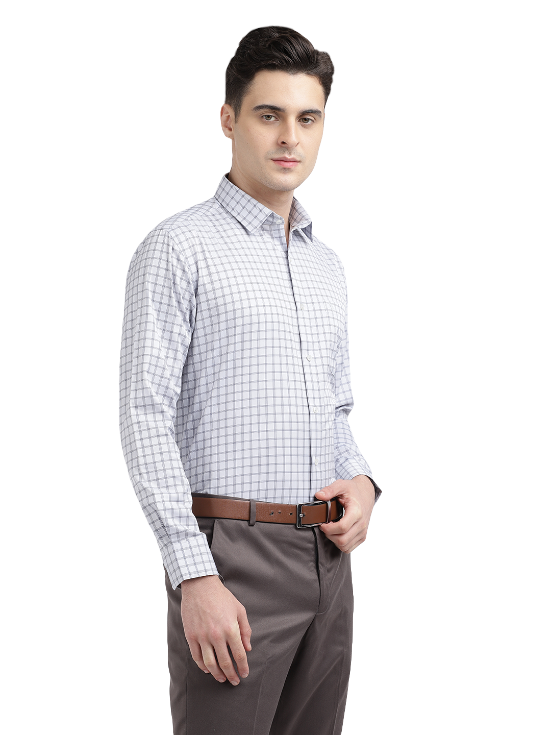Model wearing Clarke Gable's White Checked Formal Shirt in a casual setting