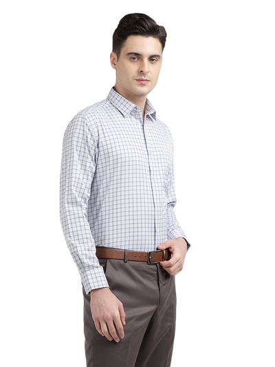 Model wearing Clarke Gable's White Checked Formal Shirt in a casual setting