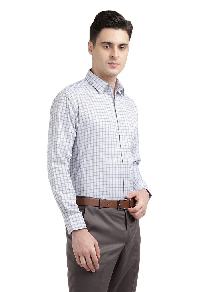 Model wearing Clarke Gable's White Checked Formal Shirt in a casual setting