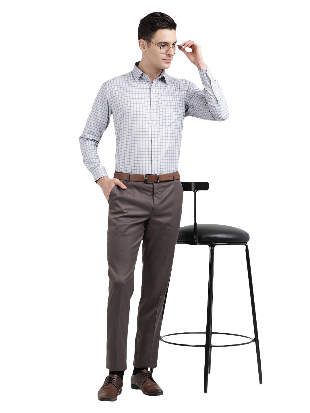 Model wearing Clarke Gable's White Checked Formal Shirt in a casual setting