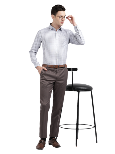 Model wearing Clarke Gable's White Checked Formal Shirt in a casual setting