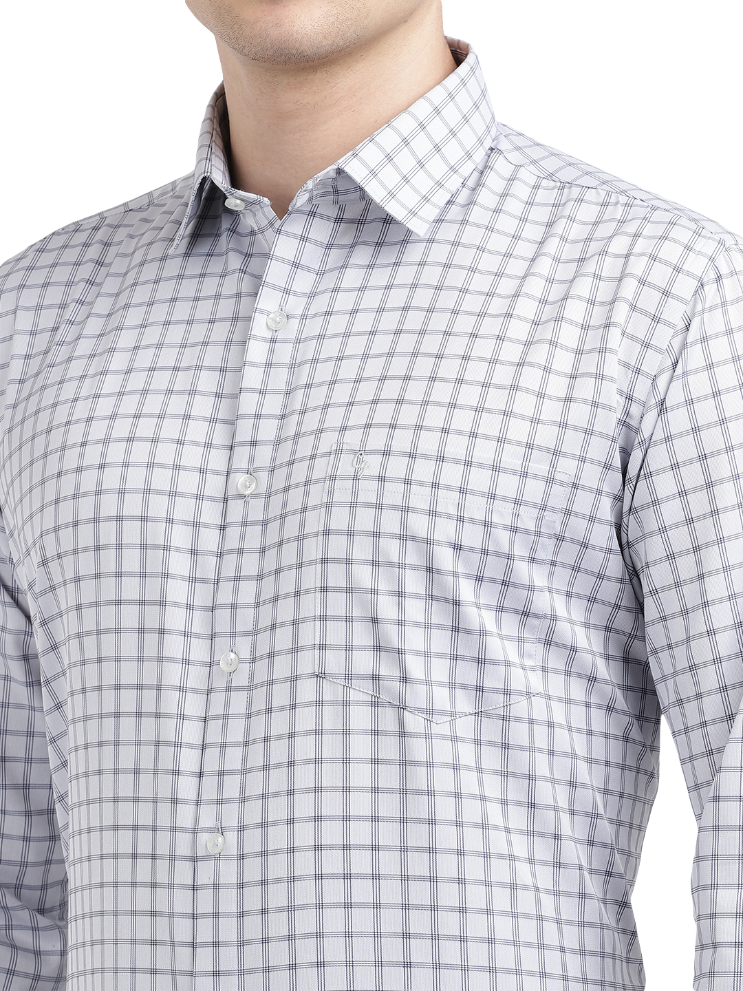 Model wearing Clarke Gable's White Checked Formal Shirt in a casual setting