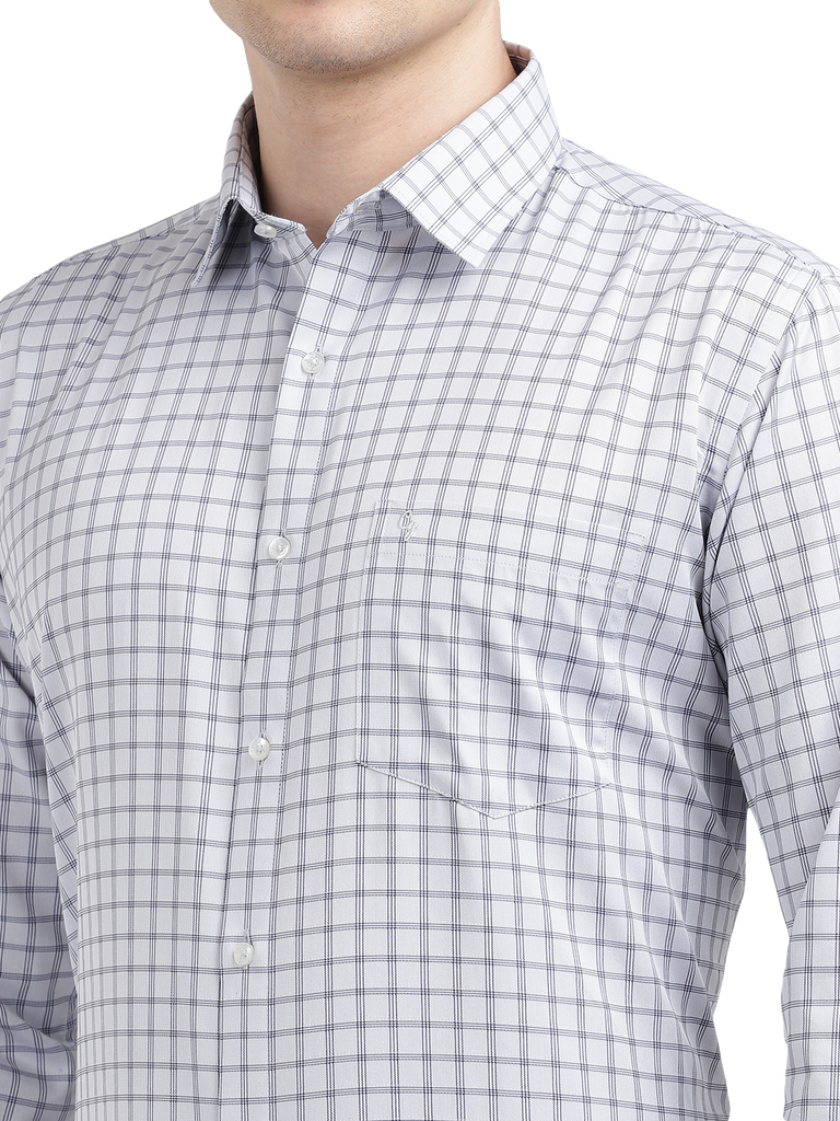 Model wearing Clarke Gable's White Checked Formal Shirt in a casual setting