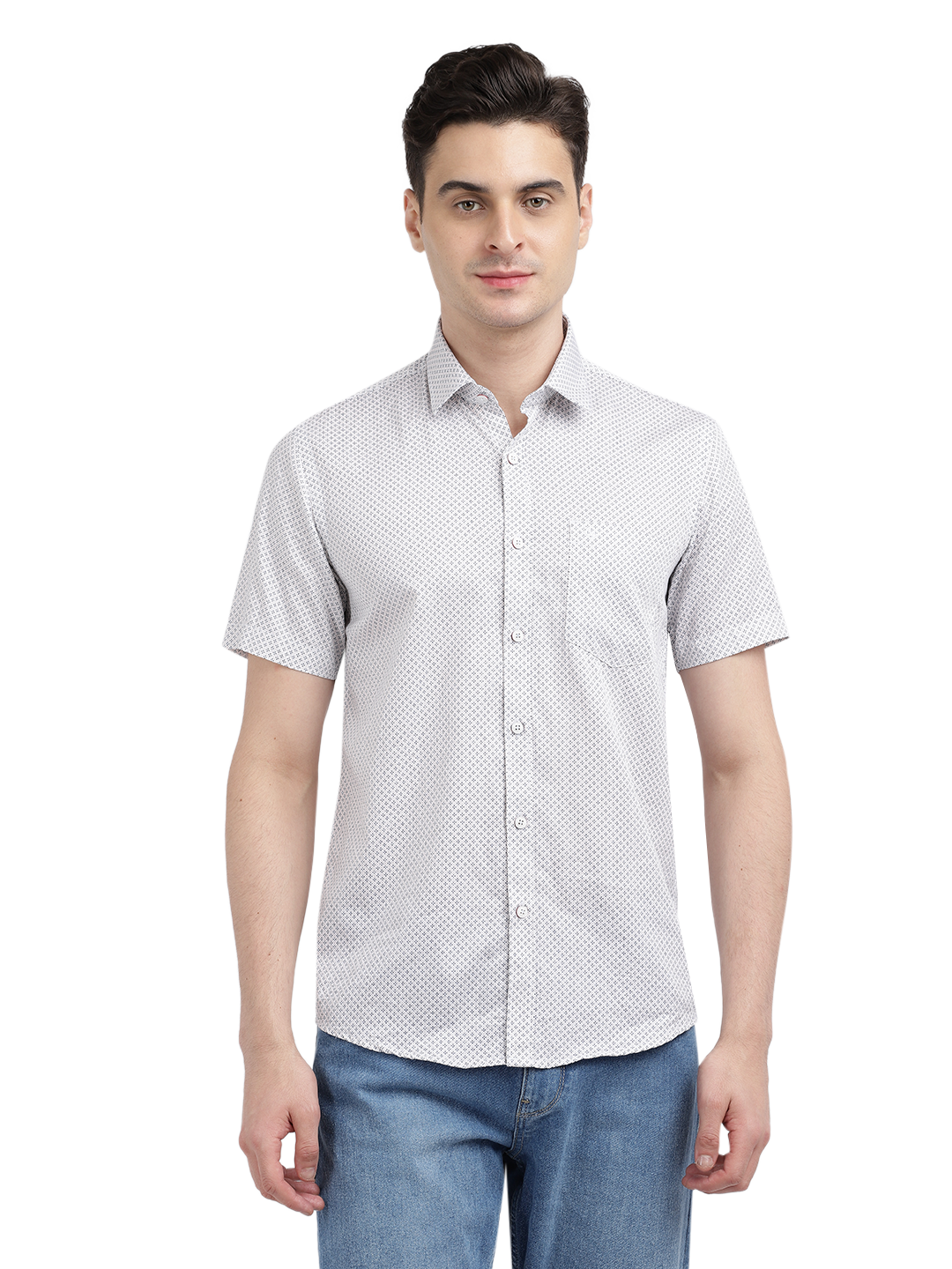 Model wearing Clarke Gable's White Printed Casual Shirt in a casual setting