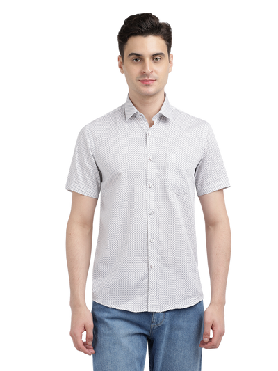 Model wearing Clarke Gable's White Printed Casual Shirt in a casual setting