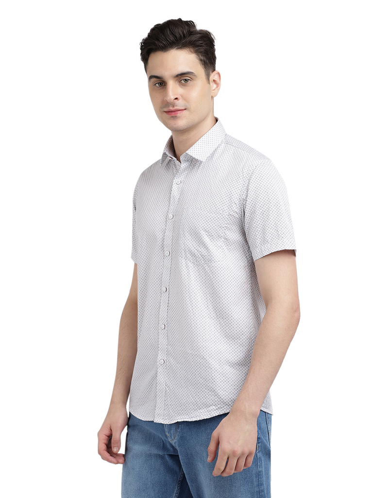 Model wearing Clarke Gable's White Printed Casual Shirt in a casual setting