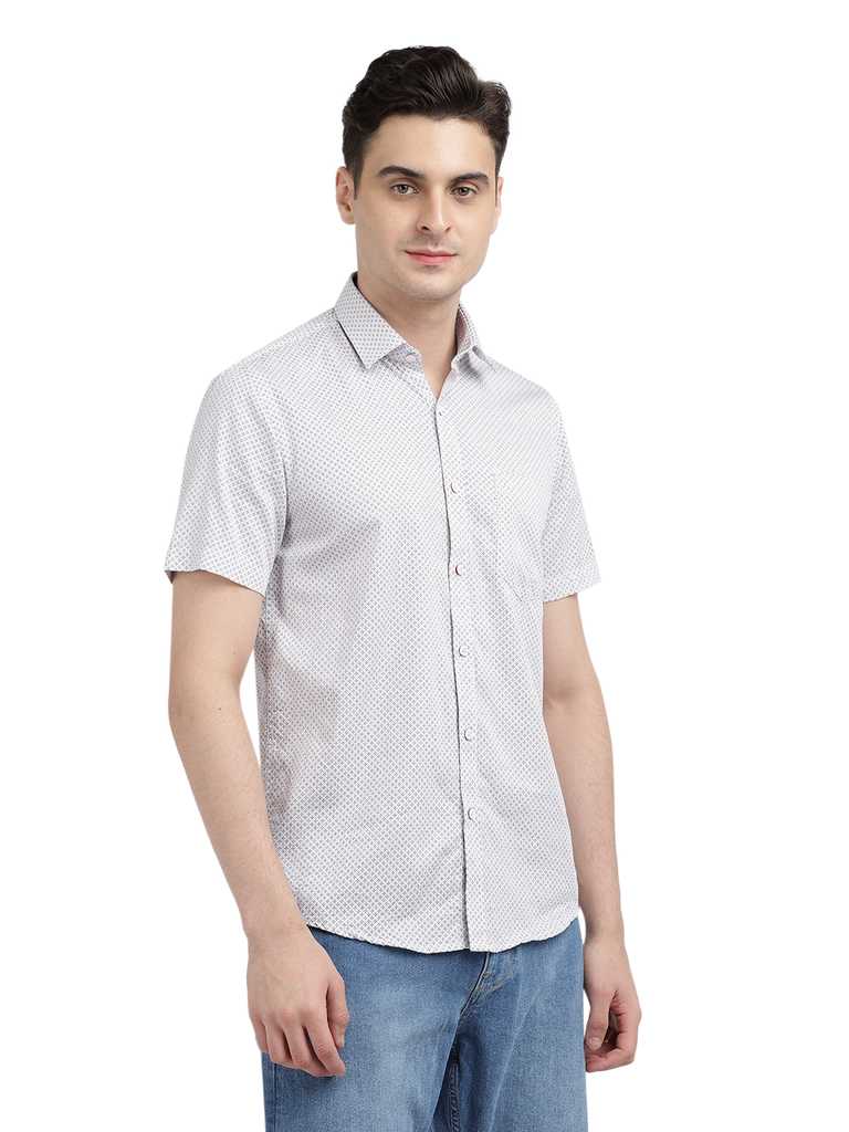 Model wearing Clarke Gable's White Printed Casual Shirt in a casual setting