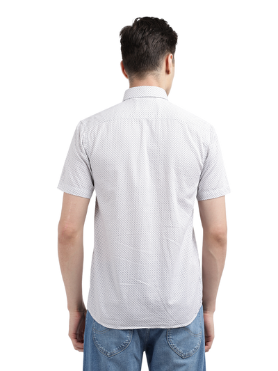 Model wearing Clarke Gable's White Printed Casual Shirt in a casual setting