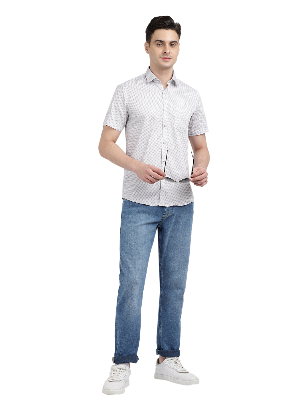 Model wearing Clarke Gable's White Printed Casual Shirt in a casual setting