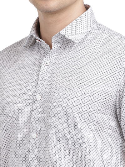 Model wearing Clarke Gable's White Printed Casual Shirt in a casual setting
