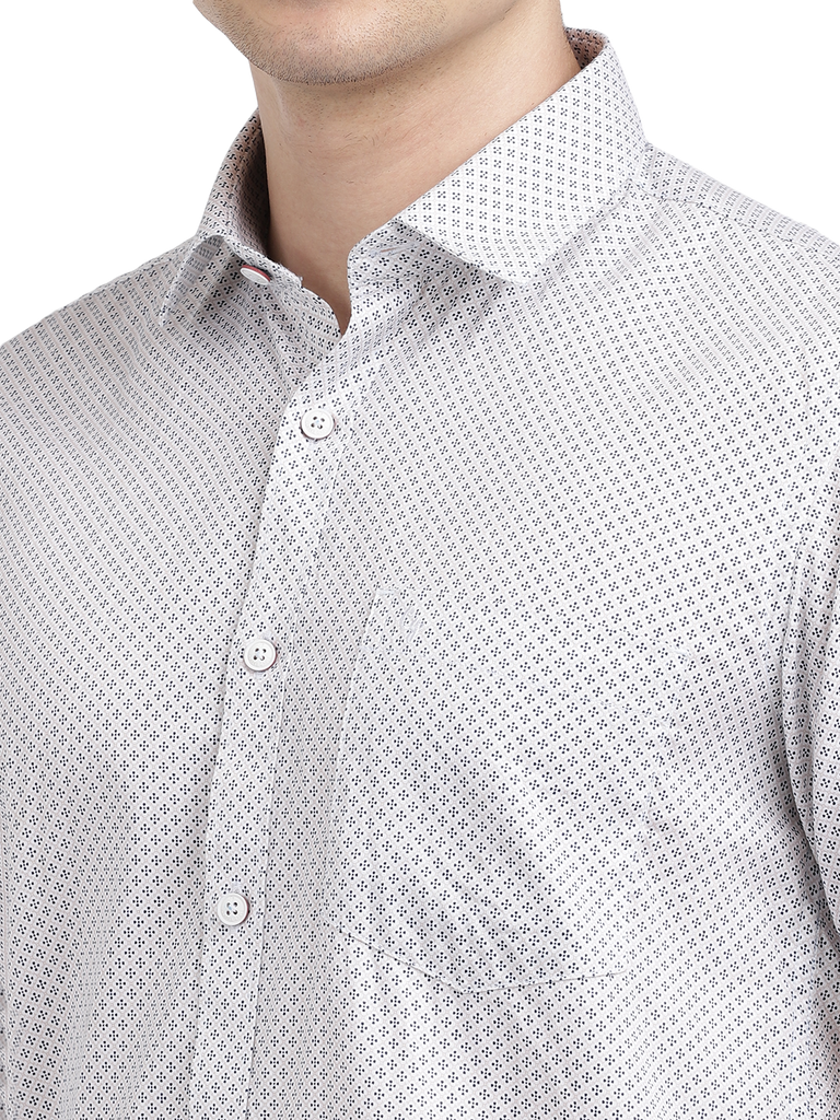 Model wearing Clarke Gable's White Printed Casual Shirt in a casual setting