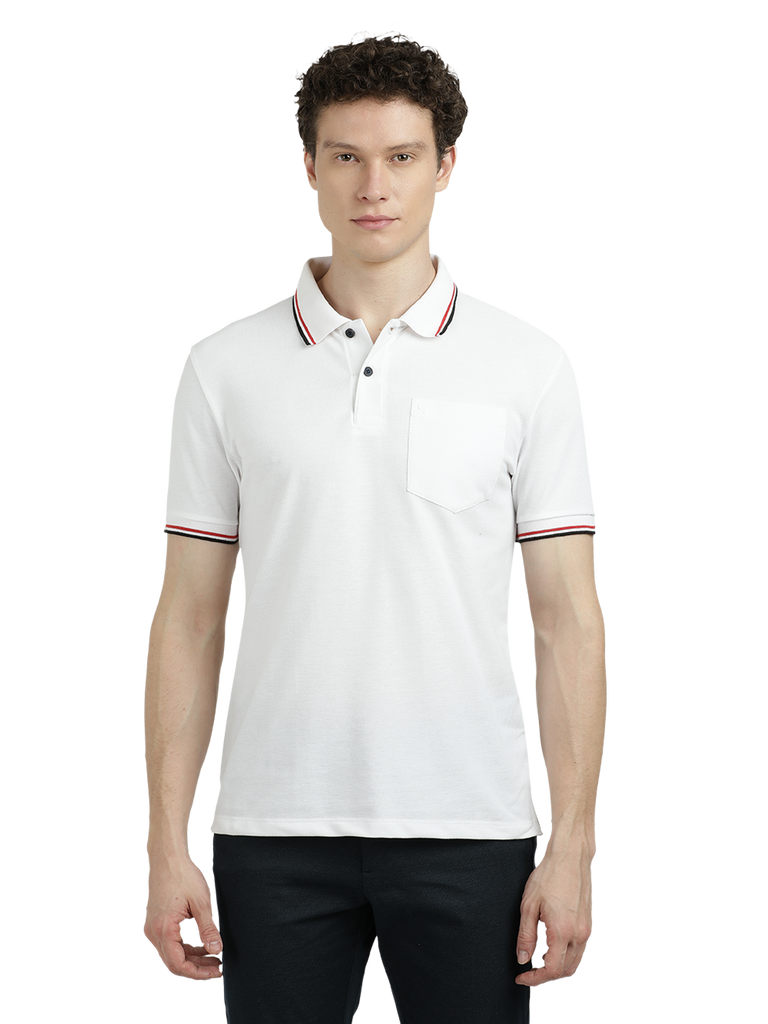 Model wearing Clarke Gable's White Solid Polo Collar T-Shirt in a casual setting