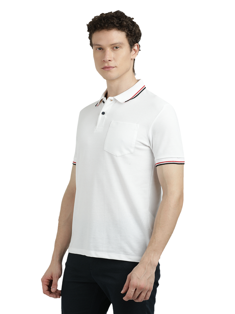 Model wearing Clarke Gable's White Solid Polo Collar T-Shirt in a casual setting