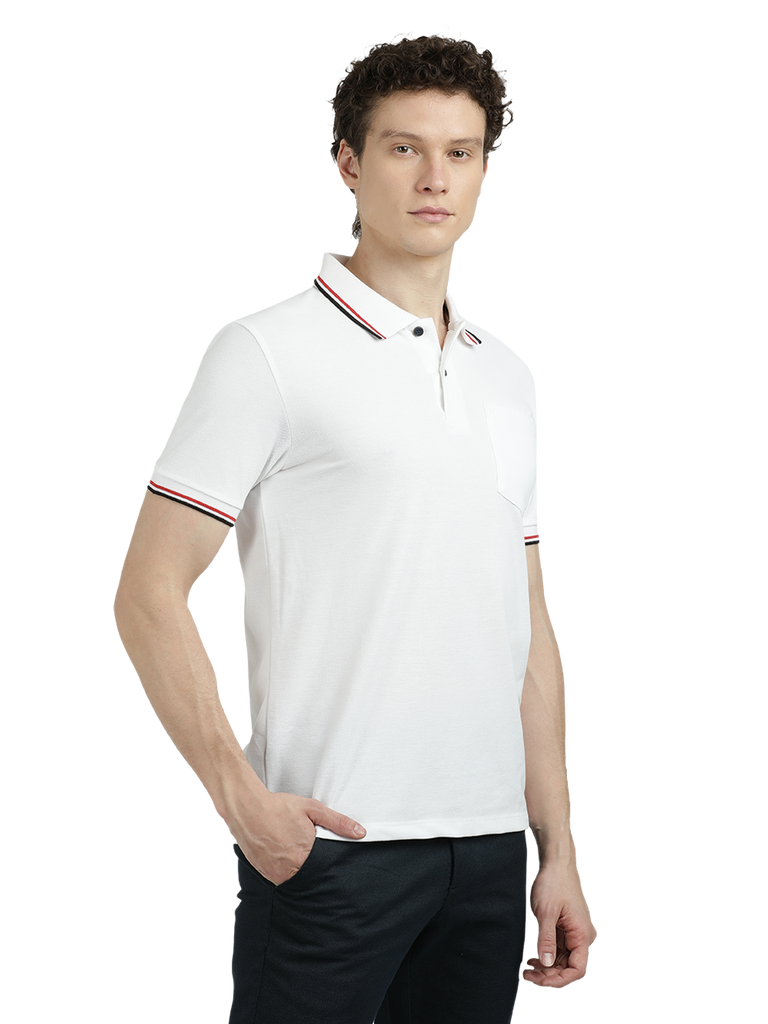 Model wearing Clarke Gable's White Solid Polo Collar T-Shirt in a casual setting