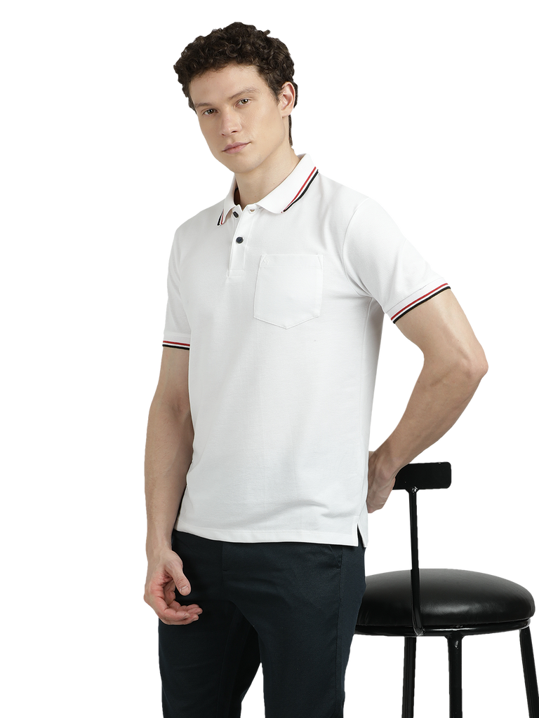 Model wearing Clarke Gable's White Solid Polo Collar T-Shirt in a casual setting