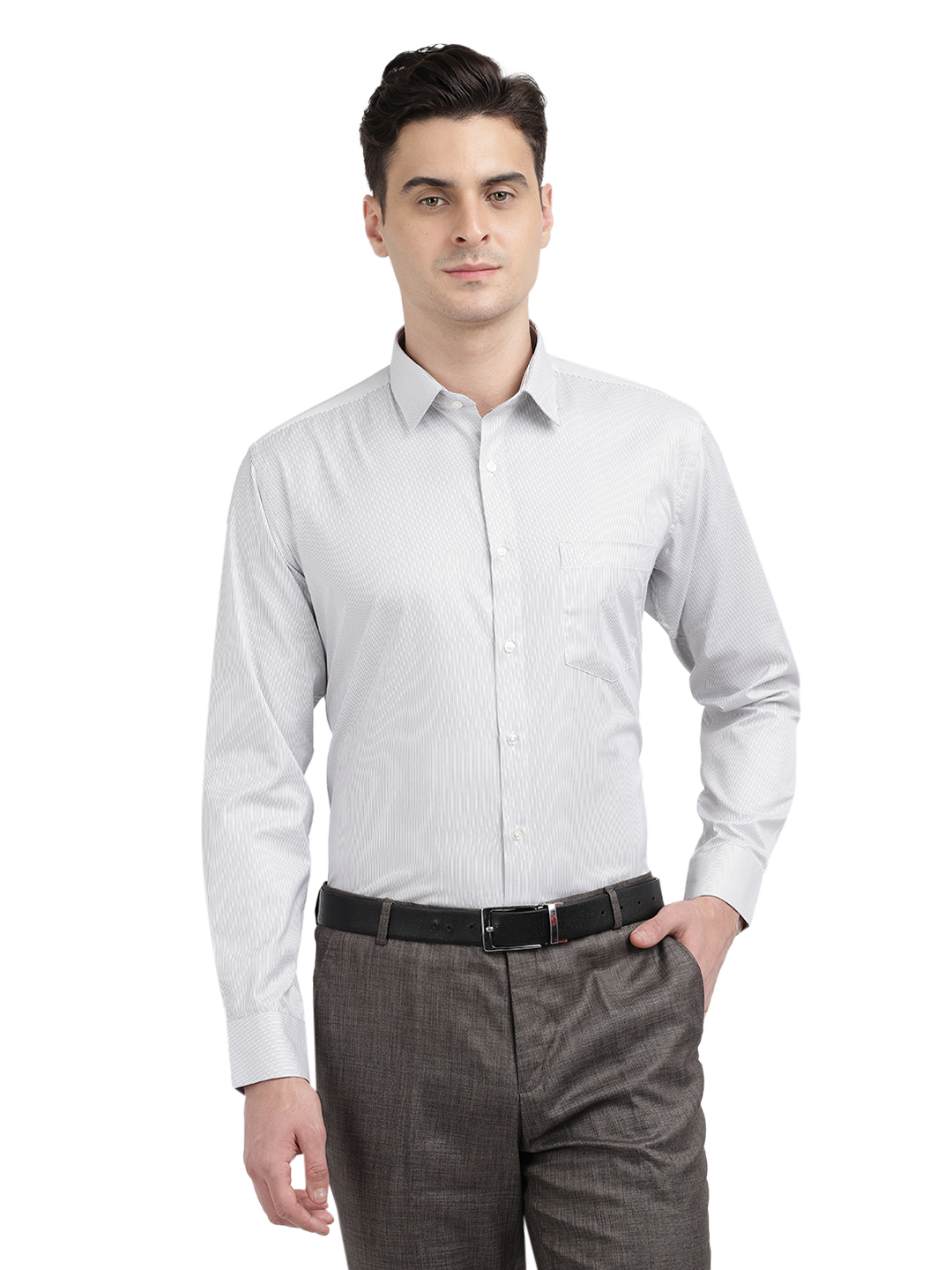 Model wearing Clarke Gable's White Striped Formal Shirt in a casual setting