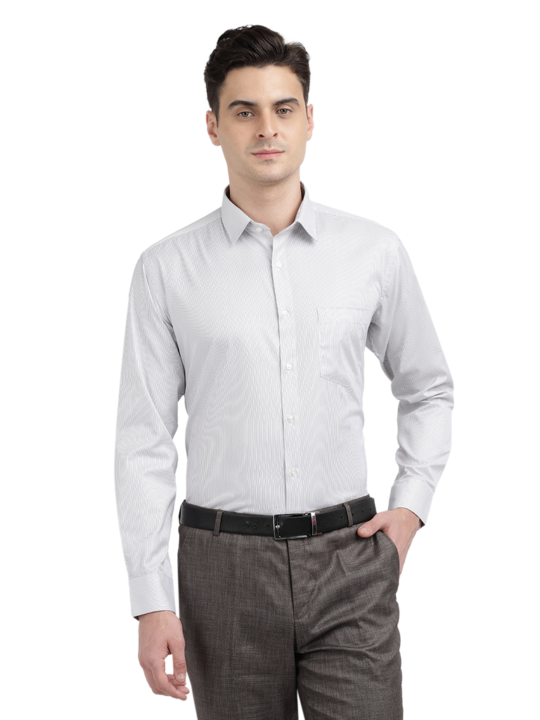 Model wearing Clarke Gable's White Striped Formal Shirt in a casual setting