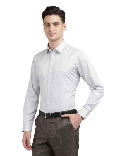 Model wearing Clarke Gable's White Striped Formal Shirt in a casual setting