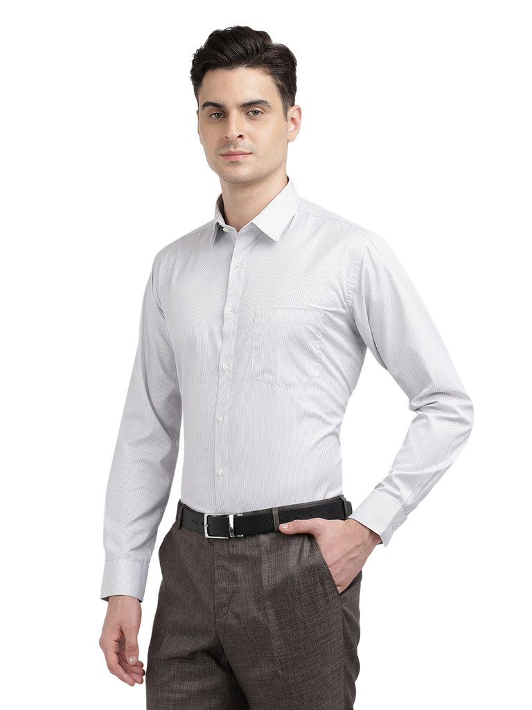 Model wearing Clarke Gable's White Striped Formal Shirt in a casual setting