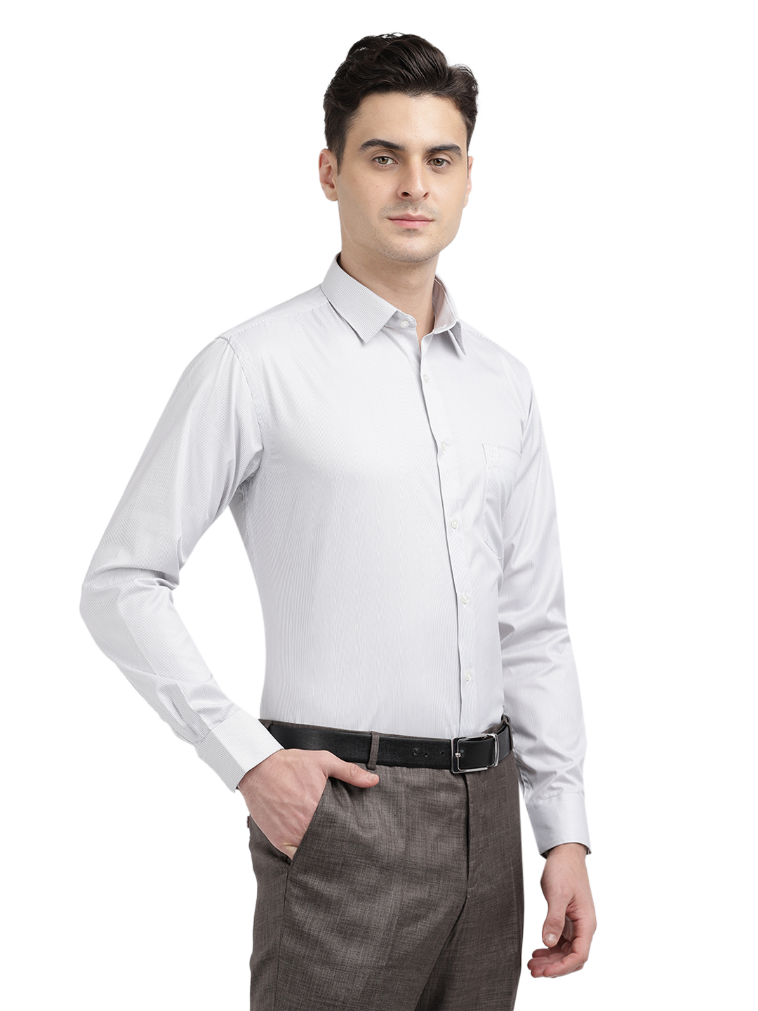 Model wearing Clarke Gable's White Striped Formal Shirt in a casual setting