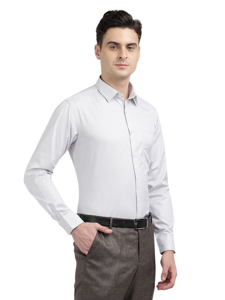 Model wearing Clarke Gable's White Striped Formal Shirt in a casual setting