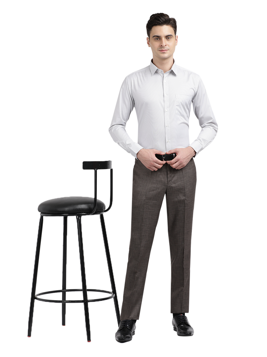 Model wearing Clarke Gable's White Striped Formal Shirt in a casual setting